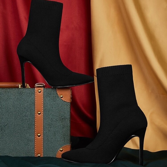 Zara Trafaluc Black Stretchy Sock Mesh Pointed Toe Ankle Boot Stiletto Heels - Picture 5 of 16
